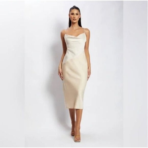 NWT Meshki Satin Cowl Neck Color Block Dress XL Midi Bias Cut Minimalist Neutral - Picture 1 of 13